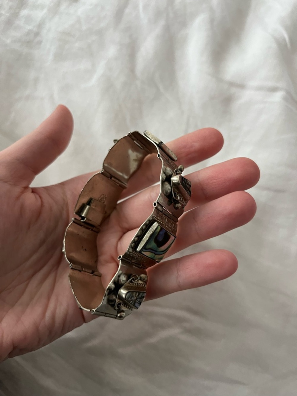 Rare Vintage Silver Mexicana Aztec Bracelet - Iridescent Green/Blue Inlay